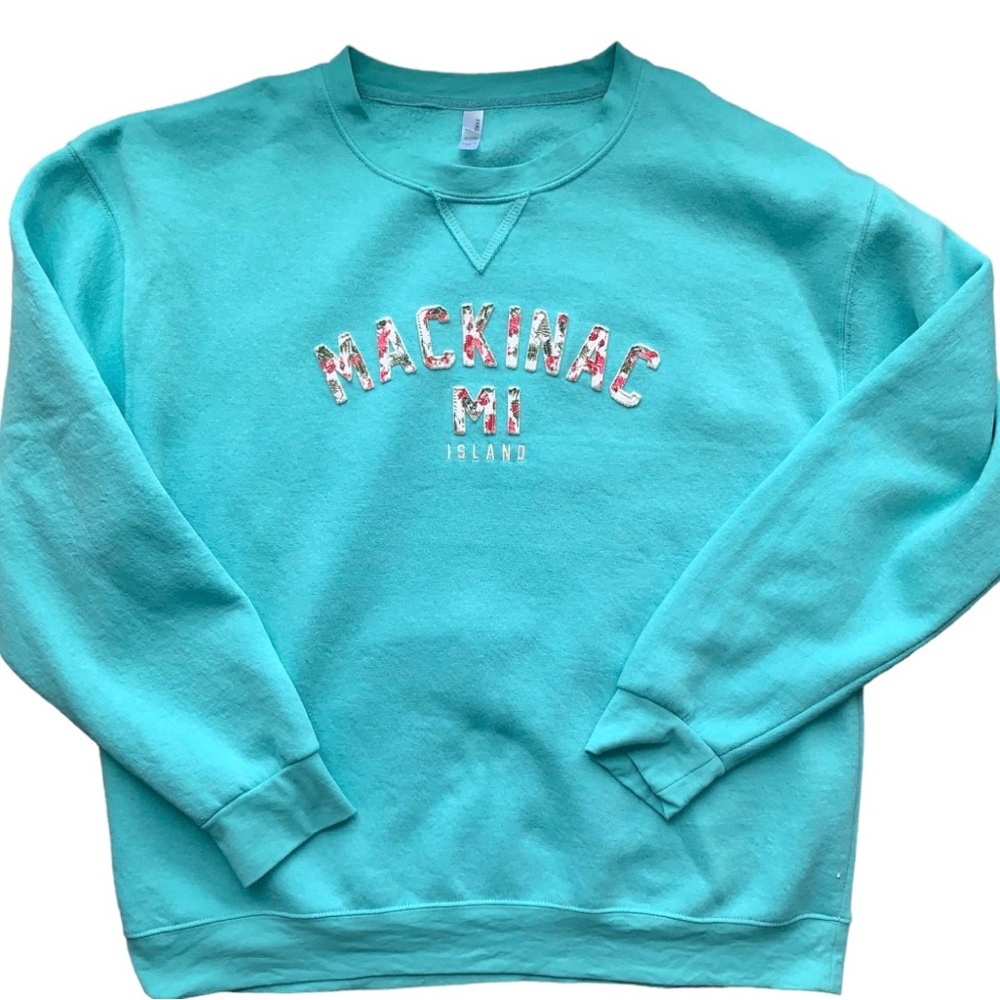 Mackinac Island Michigan Embroidered Crewneck Sweatshirt Teal Floral